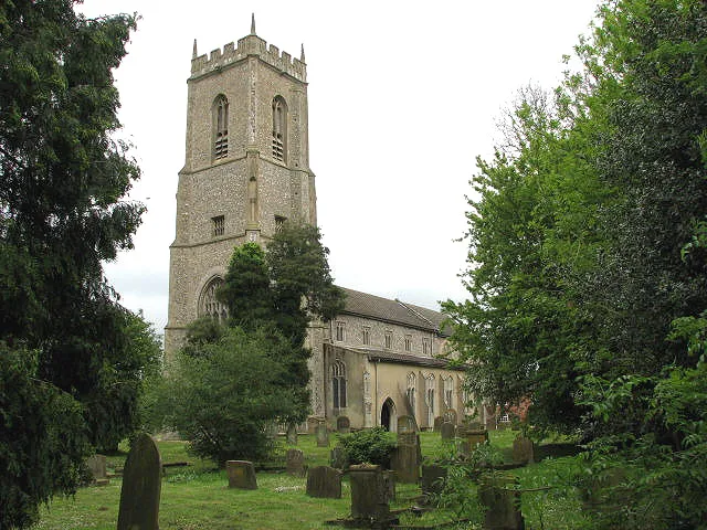 St Bartholomew's church. St Bartholomew's church is a large building with a soaring tower and high chancel arches > 859352 - 859367. Restored during the 19th century, the church has plain modern roofs but several of the arcade pillars retain traces of their original paint, dating from the 14th century, as do the wall paintings depicting St Christopher, St Bartholomew and St Andrew. The church has a Jacobean three-decker pulpit > 859355. There are a number of C16 benches > 859365 with poppyheads and animal carvings; the restored rood screen dates from the 15th century, as does the octagonal font > 859372. There is a C16 brass > 859359 to a priest, John Athorne, on the chancel floor. Steps lead down to an undercroft > https://www.geograph.org.uk/submit.php below the sanctuary, which might once have been served as a crypt or a treasury but in later days was used to hold overnight prisoners on their way from King's Lynn to Norwich. The church is open every day. For more information see: http://www.norfolkchurches.co.uk/brisley/brisley.htm