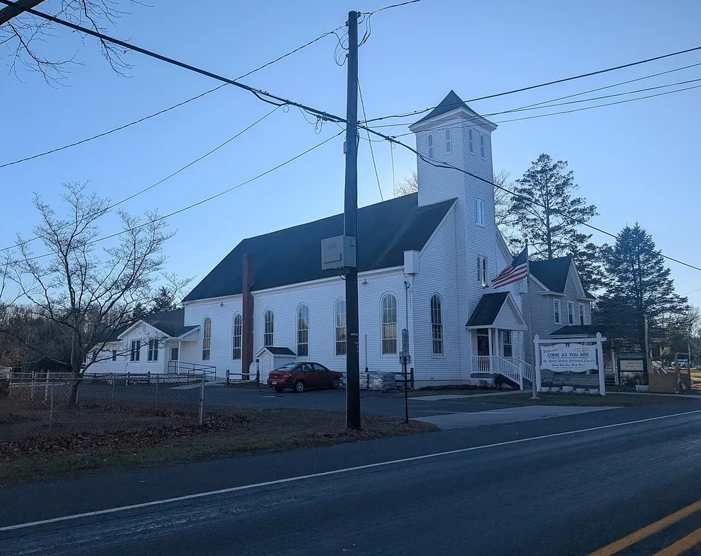 Photo of St. Pauls United Methodist Church in the census-designated place of New Gretna within Bass River Township, New Jersey. Photo taken from U.S. Route 9 looking southwest.