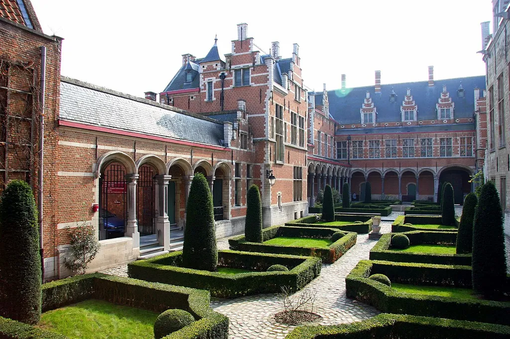 The garden of the Hof van Margaretha van Oostenrijk (or Hof van Savoye), i.e. the palace of Margaret of Austria, in Mechelen (Malines), Belgium. Restoration by Leonard Blomme, 1876.
