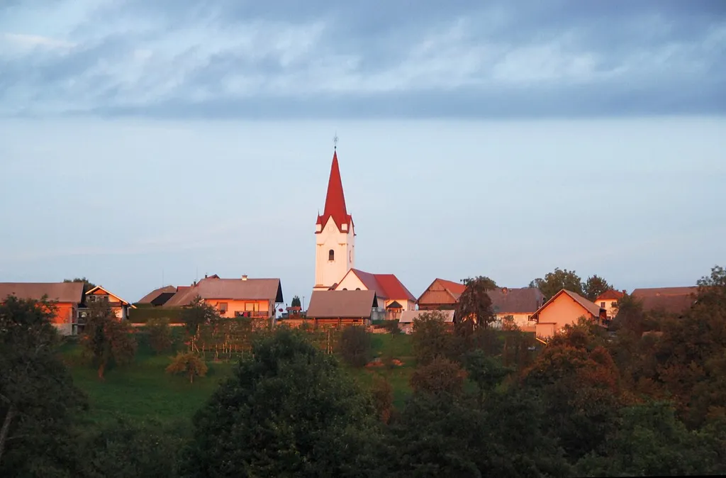 Slančji Vrh, a village in the Municipality of Sevnica, southeastern Slovenia. View from the west.