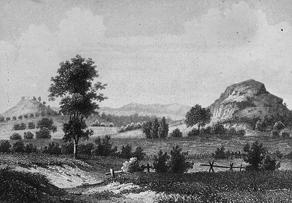 Steel engraving of Mader Stein (right) and the Obernburg in Gudensberg (left) from the collection of Ernst Wahle, kept at the library of the University of Heidelberg