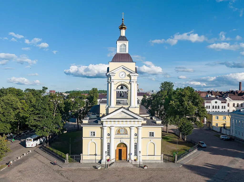 Transfiguration cathedral photographed from above. Vyborg, Leningrad Oblast, Russia.