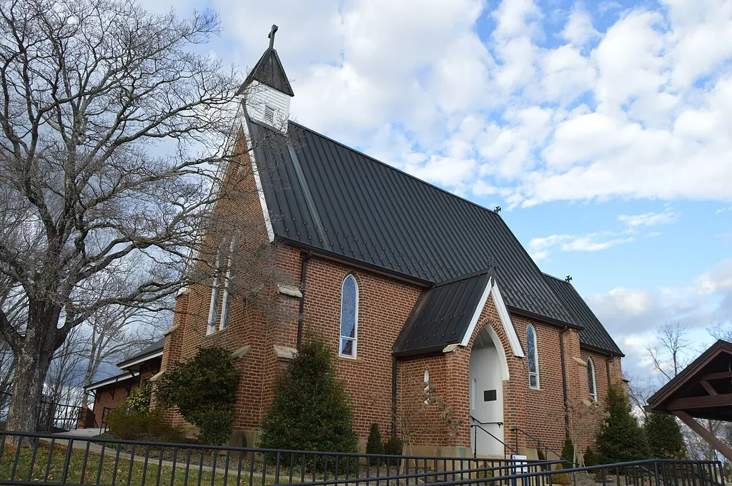 Front and southern side of St. Paul's Episcopal Church, located at 206 W. Cowles Street in Wilkesboro, North Carolina, United States. Built in 1848, it is listed on the National Register of Historic Places.