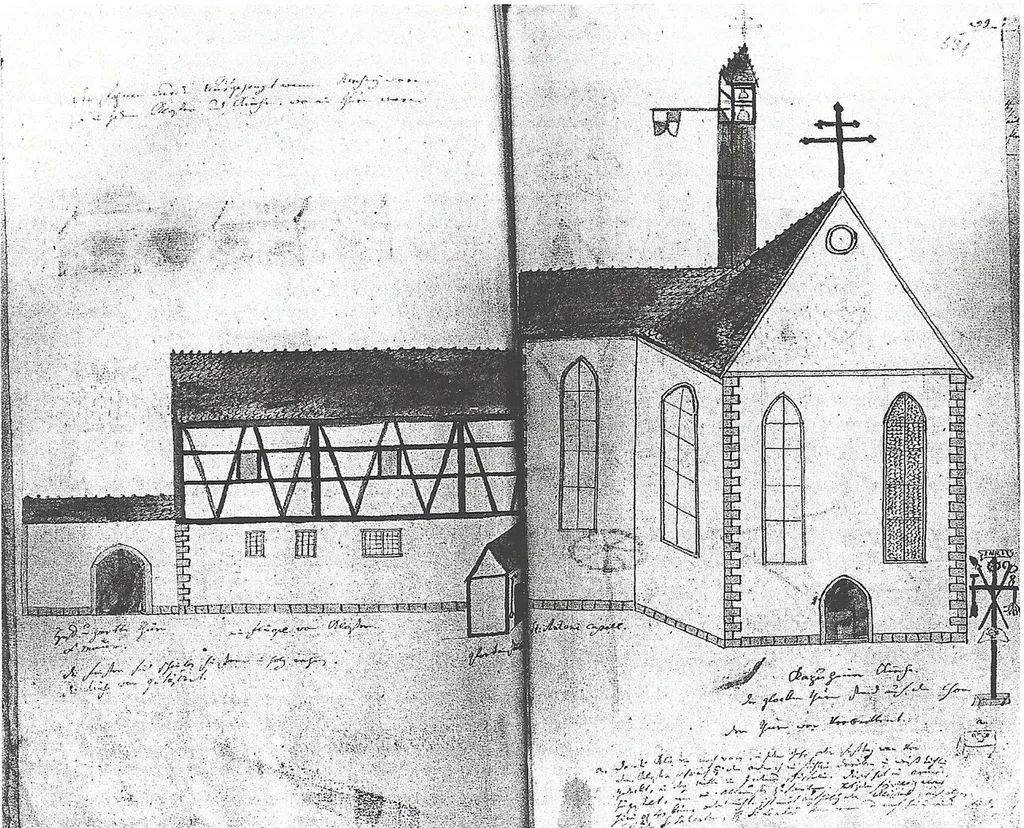 Ansicht des abgegangenen Kapuzinerkloster St. Ulrich (Schwäbisch Gmünd). Zeichnung in der Schwäbisch Gmünder Chronik von Dominikus Debler (um 1800), Stadtarchiv Schwäbisch Gmünd, Bd. 6, S. 530.