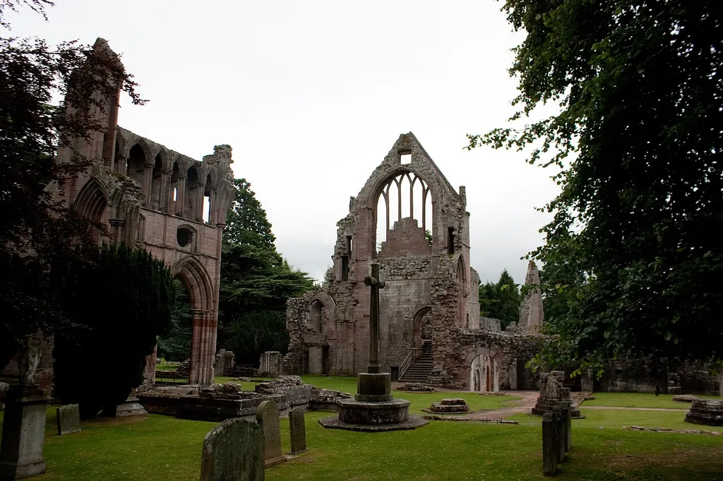 Dryburgh Abbey, Scotland. Founded in 1150, it was destroyed in 1322 and in 1544. Because of the Scottish Reformation, it was never rebuilt. The writer Sir Walter Scott and Field Marshal Douglas Haig are buried there.