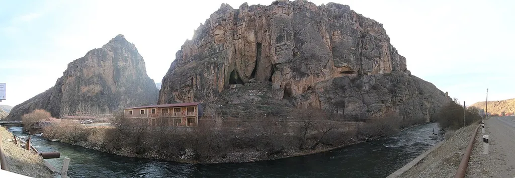 Panorama of the Areni-1 cave site along the Arpa River in southern Armenia near the town of Areni. The cave is the location of the world's oldest known winery and where the world's oldest known shoe has been found.