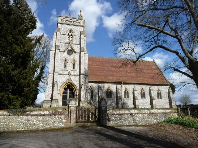 Christ Church parish church, Fosbury, Wiltshire, seen from the south. The church was built 1854–56 and has been redundant since the late 1970s.