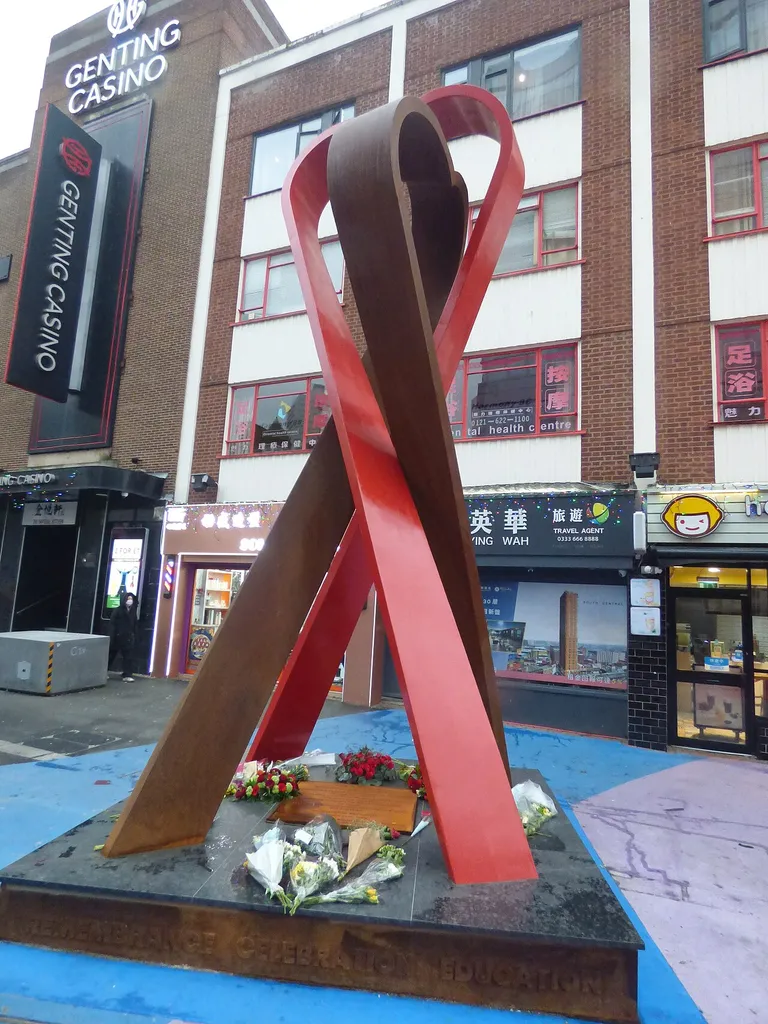 The Ribbons: Birmingham AIDS &amp; HIV Memorial. It was unveiled after 6pm on the 1st December 2022. Located in Hippodrome Square, Southside, on Hurst Street. The Gay Village, but closer to the Chinese Quarter (they overlap). Concept: Garry Jones. Sculptor: Luke Perry.