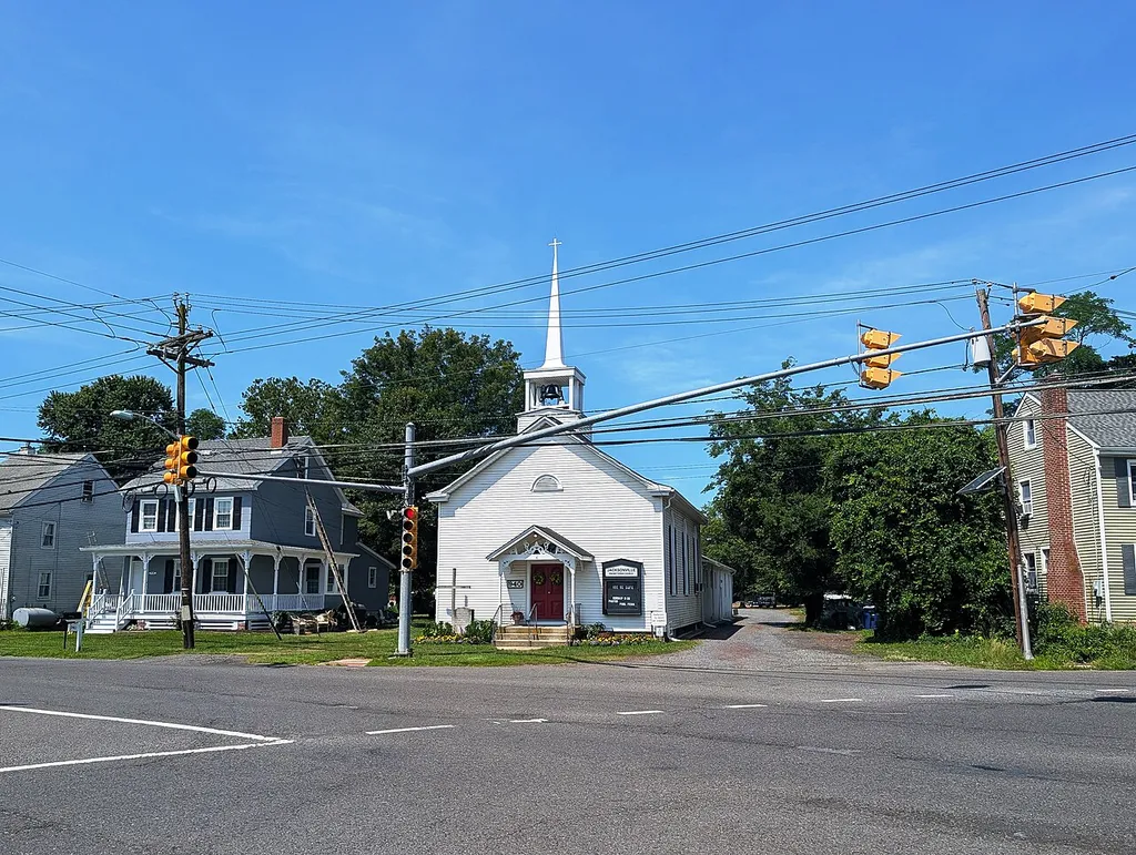Photo of the Jacksonville Presbyterian Church in the community of Jacksonville within Springfield Township, Burlington County, New Jersey. Photo taken from County Route 670 at CR 628 looking west.