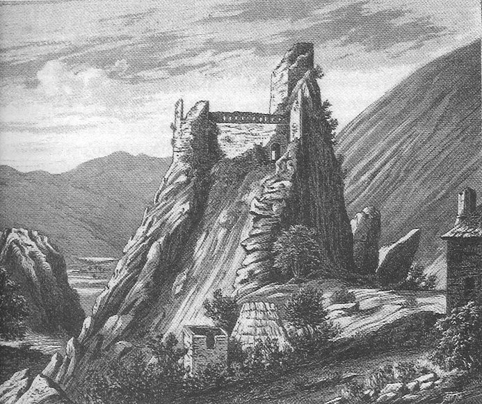 "Kljucs Vára." An idealised historical view of Grad Ključ from an 19th century engraving. Included in János Asbóth's travelog "Bosznia és a Hercegovina", 1884 (artist unknown).