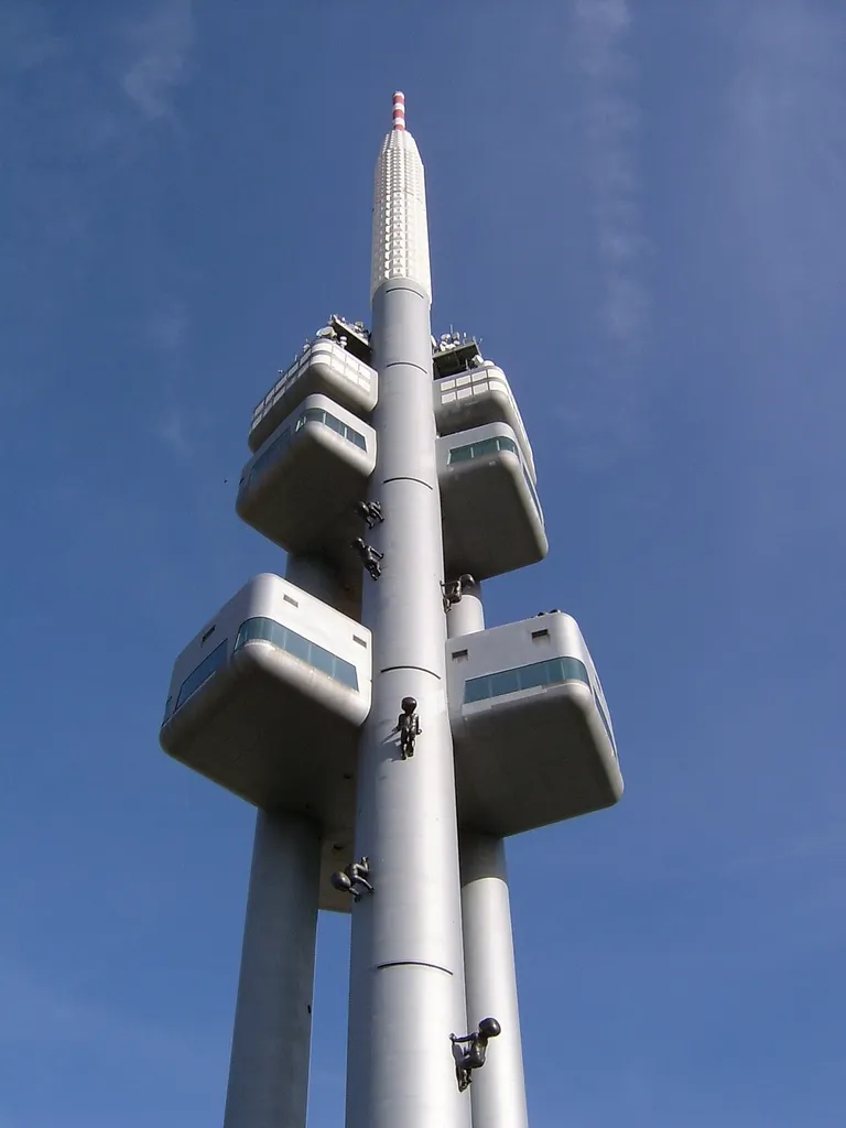 Žižkov Television Tower in Prague. sculptures by David Černý