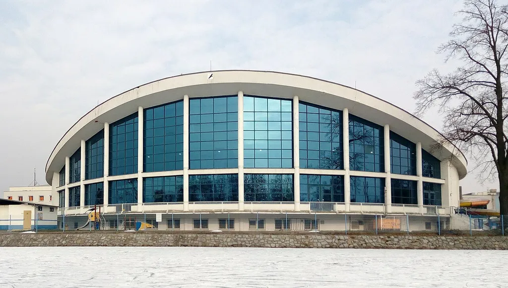View of the swimming pool in České Budějovice, South Bohemian Region, Czech Republic, as seen from the frozen Vltava River on 3rd March 2018