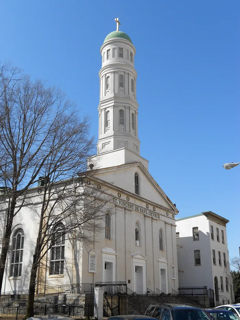 St. Vincent De Paul Roman Catholic Church on the NRHP since February 12, 1974. At 120 N. Front St. in southeast Baltimore, Maryland.