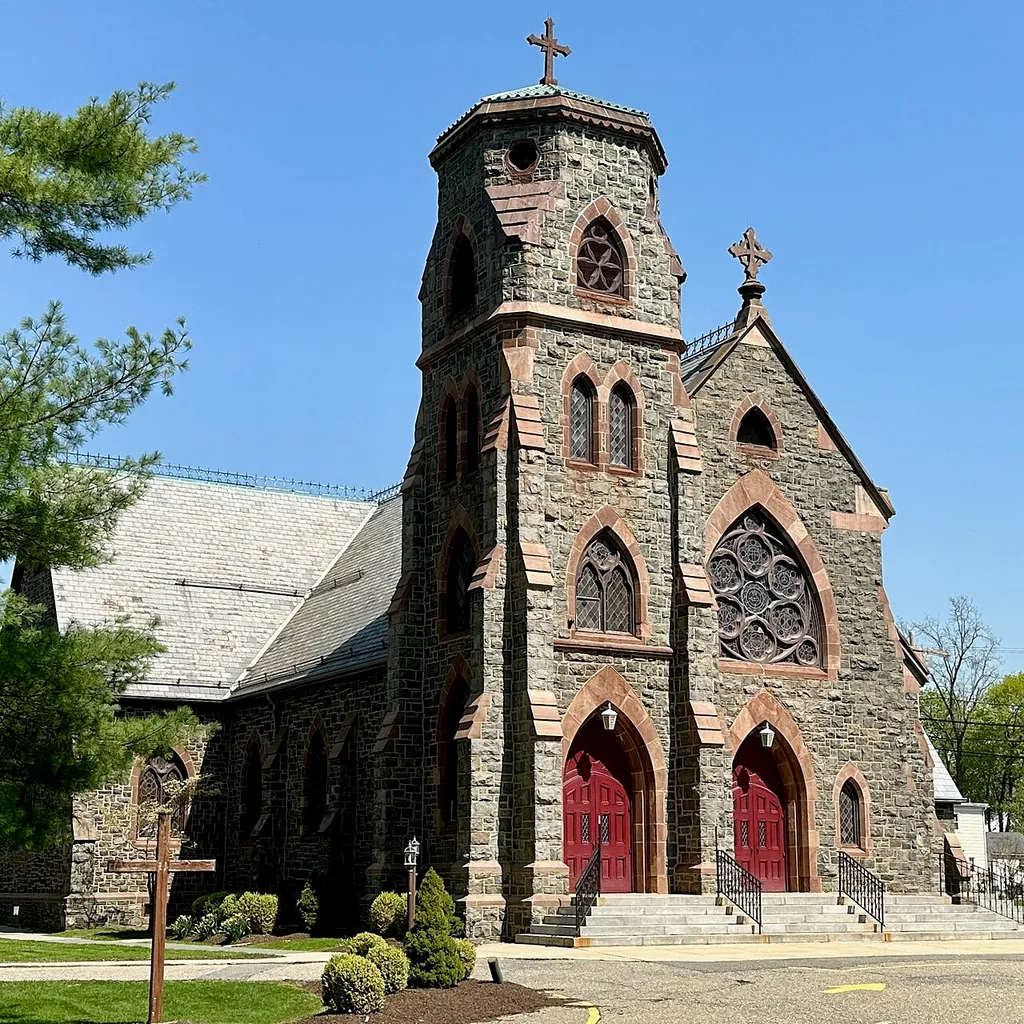 St. Mary's Church in Wharton, New Jersey. Key contributing property #1 of St. Mary's Church Historic District. Parishioners collected the stones used to build the church from the iron mines where they worked. This is an image of a place or building that is listed on the National Register of Historic Places in the United States of America. Its reference number is 100008766 (Wikidata).