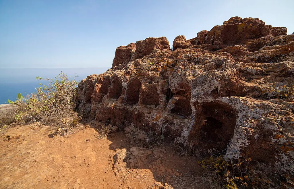 Gran Canaria, El Tagoror del Gallego, archeological site at the north of the island, consisting of several seats dug in the side of the mountain. Possibly a court or a council site, although exact use is unclear