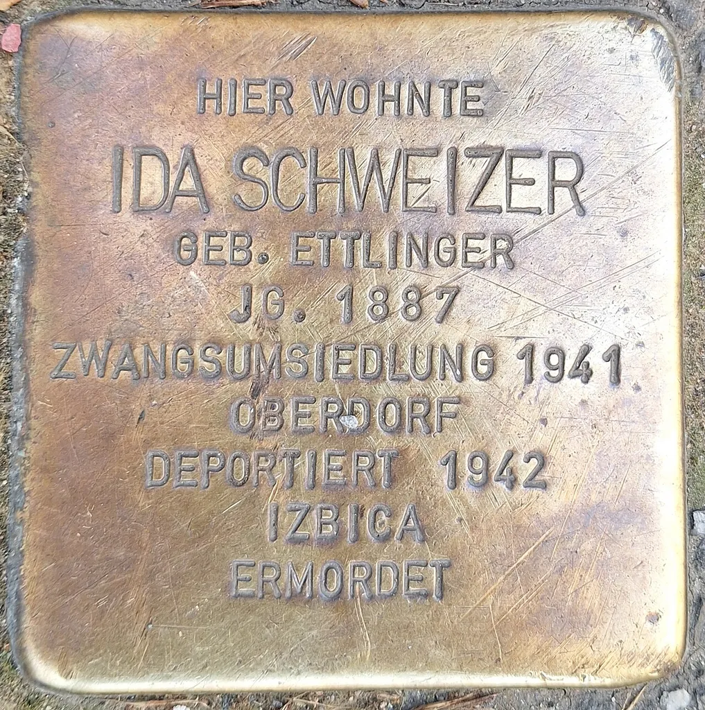 Hier wohnte, Ida Schweizer, geb. Ettlinger, Jg. 1887, Zwangsumsiedlung 1941, Oberdorf, deportiert 1942, Izbica, ermordet
