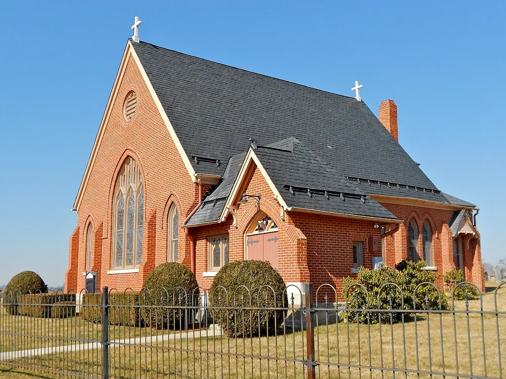 Harbaugh's Reformed Church on the NRHP since March 20, 2002 at 14301 and 14269 Harbaugh Church Road, Washington Township, Franklin County, Pennsylvania. Pennsylvania State Historical Marker (PHMC) in front refers to birthplace of Dr. Henry Harbaugh, Penn-German theologian and educator born 1.5 miles away. Previously a German Reformed church, it is now non-denominational.[1]
