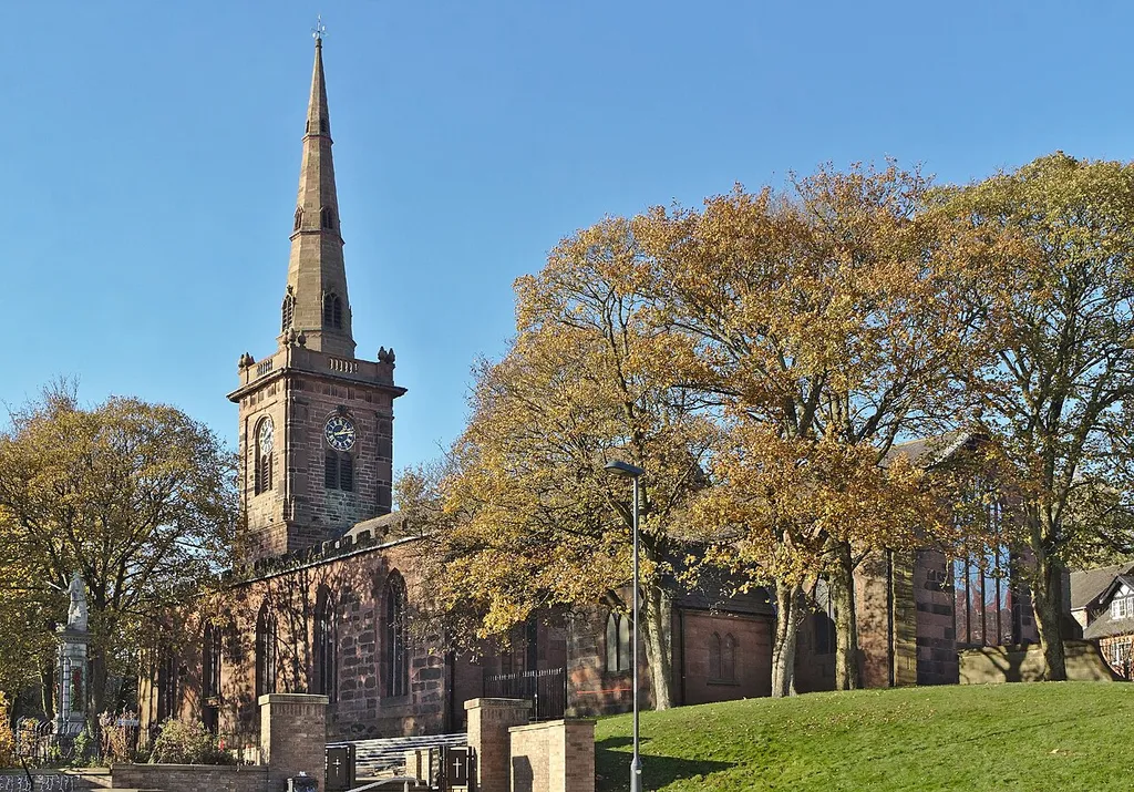 St Mary's Parish Church, Prescot, south side from outside the churchyard