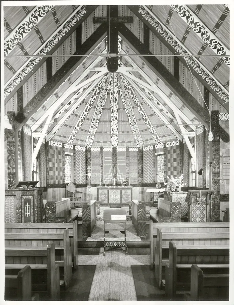 St. Pauls Church Putiki built jointly by Maori and Pakeha and stands today symbolic of the close ties, social and cultural between the two races. Photographer: J. Waddington January 1972, Whanganui Archives New Zealand Reference: AAQT 6539 W3537 116 / A98391 www.archway.archives.govt.nz/ViewFullItem.do?code=24802782 For further enquiries email research.archives@dia.govt.nz Material from Archives New Zealand Te Rua Mahara o Te Kāwanatanga