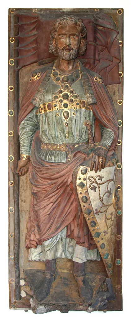 Tomb cover slab of count Wiprecht of Groitzsch (died 1124). Saxony, second quarter of the 13th century. Replica of the sandstone orignal from the St. Laurence's Church in Pegau. The colorful appearance of the cast reproduces the polychroming of the original tomb in 1869, which was stripped off again in 1934/35. Germanisches Nationalmuseum.