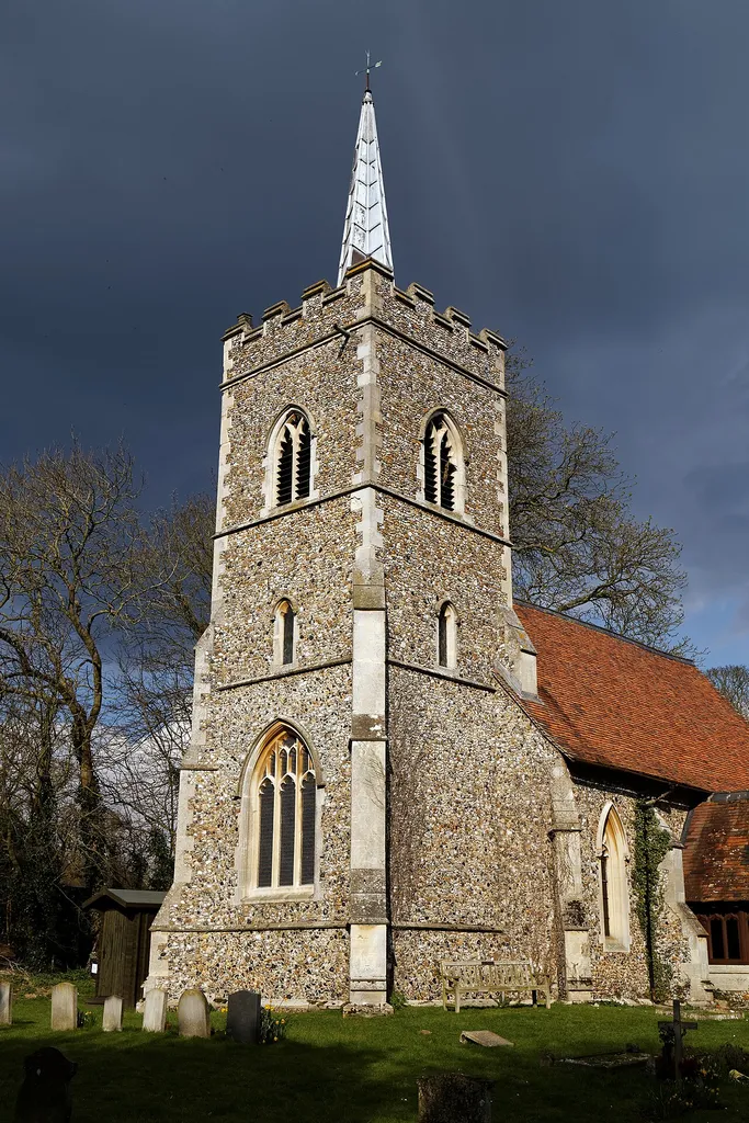 St Edmund's Church and churchyard from the south-west at Abbess Roding in The Rodings, Essex, England.Camera: Canon EOS 6D with Canon EF 24-105mm F4L IS USM lens.Software: large RAW file lens-corrected, optimized and downsized with DxO OpticsPro 10 Elite, Viewpoint 2, and Adobe Photoshop CS2.