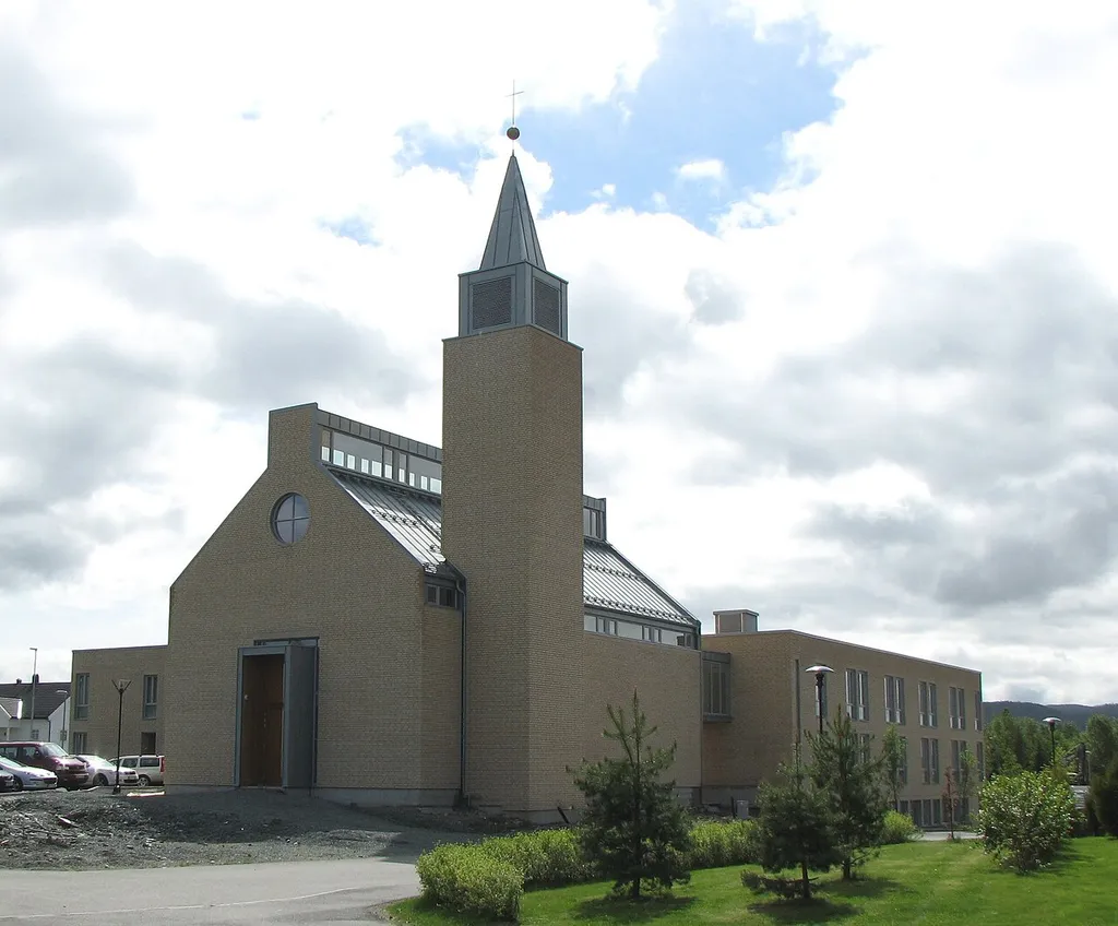 The Bridgettine Convent in Trondheim, Norway is located at Tiller, 10 km south of the city center. The Convent Church in foreground is seen towards SE. Behind the church the convent's guesthouse.