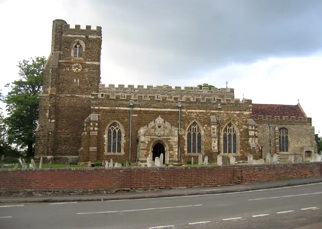 All Saints' parish church, Houghton Conquest, Beds. on The Grove; chiefly in the Perpendicular style with an embattled tower of the Decorated period.