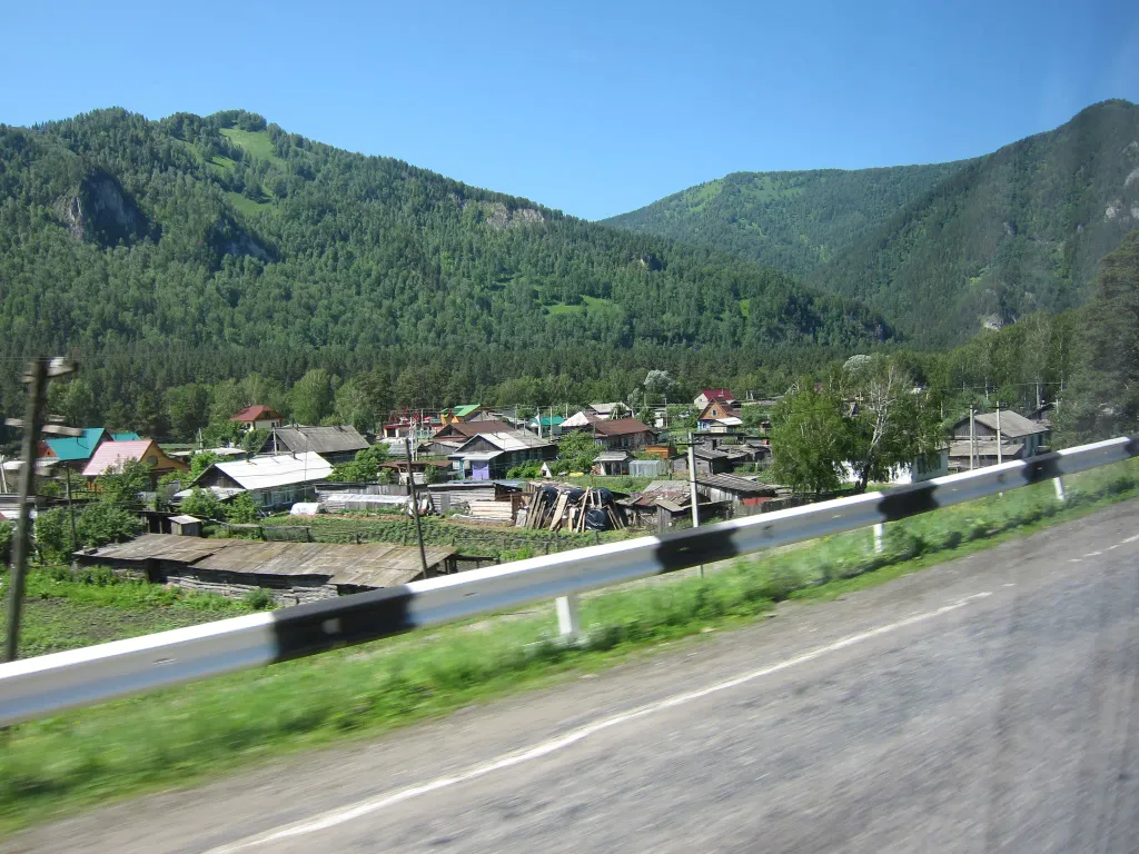 Ust-Muny settlement in Mayminsky District of the Altai Republic, view from the bus window