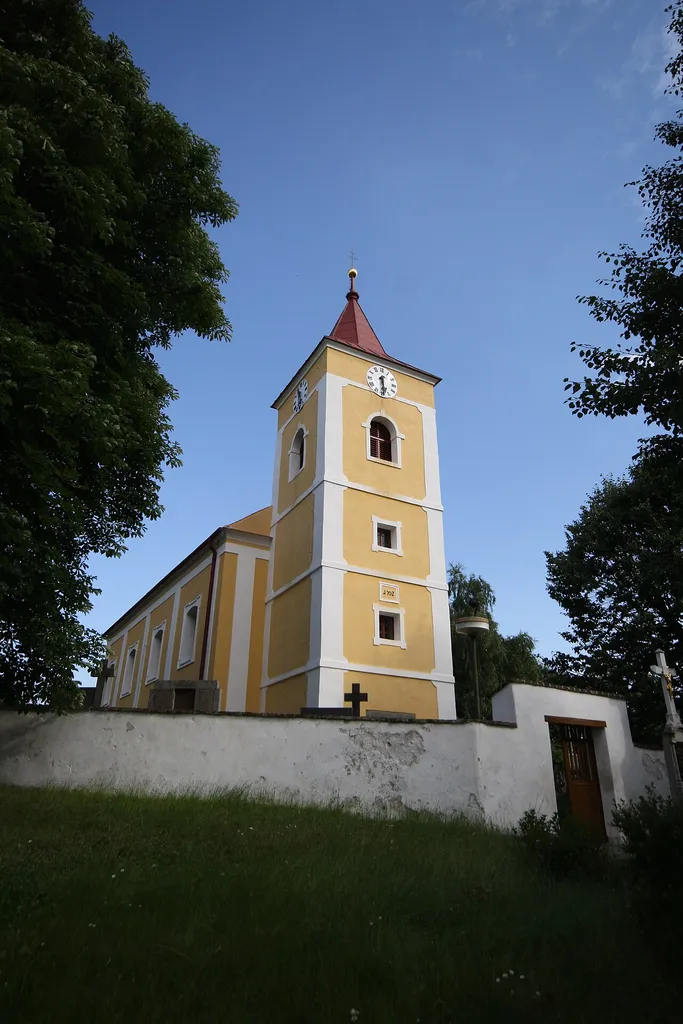 Overview of Church of Saint James the Greater in Naloučany, Třebíč District.