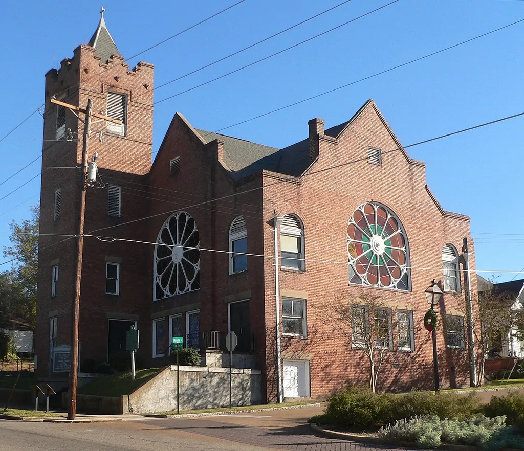 Bethel AME Church, at southeast corner of Monroe and First East Streets in Vicksburg, Mississippi; seen from the northwest.