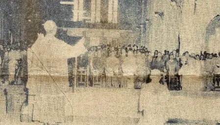 Joseph Kasa-Vubu, members of the central government, and parliamentary deputies at a ceremony at the Notre Dame du Congo. Joseph Malula leads the ceremony.