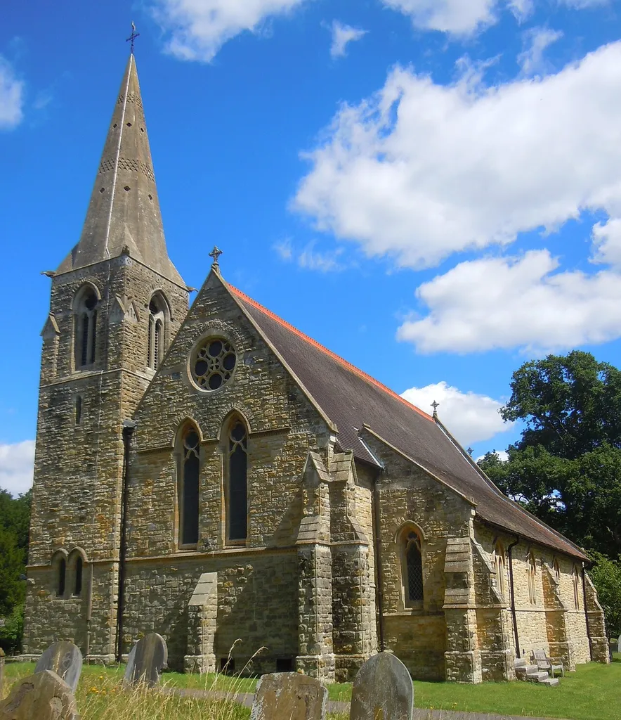 St John the Evangelist's Church, Copthorne, District of Mid Sussex, West Sussex, England. The parish church of the village of Copthorne, between Crawley and East Grinstead; built in 1877 and designed by Matthew Edward Habershon (brother of William Gillbee Habershon).