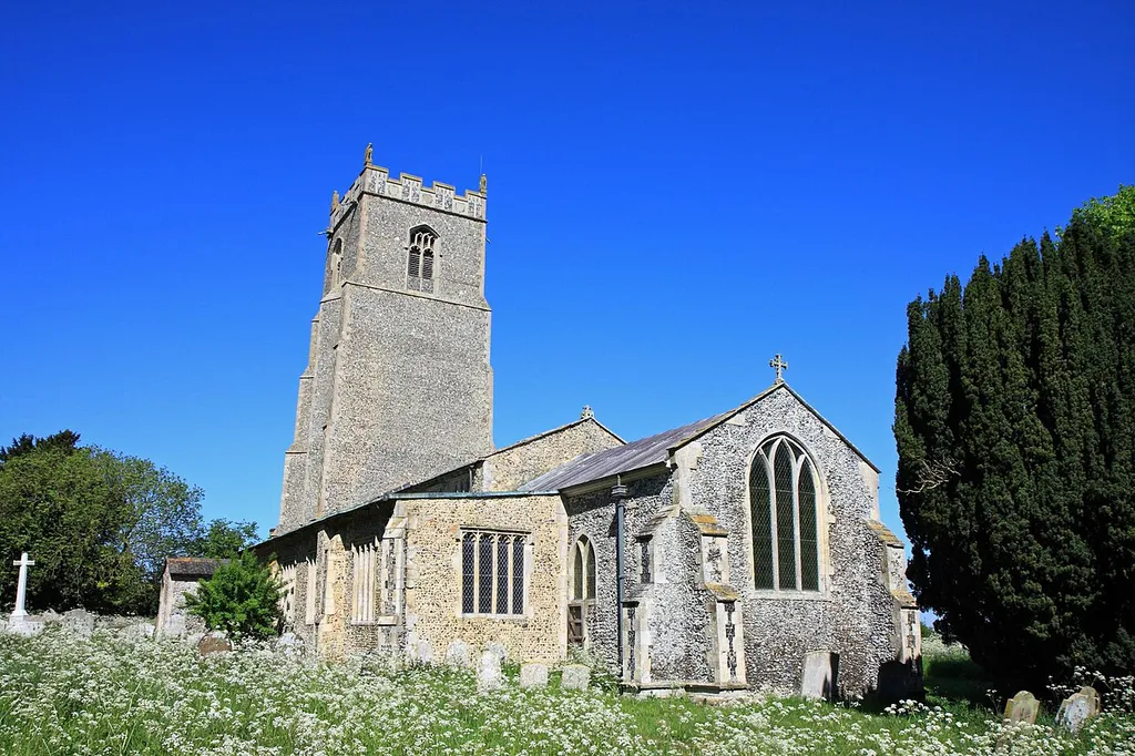 All Saints' parish church, Tibenham, Norfolk, seen from east-southeast