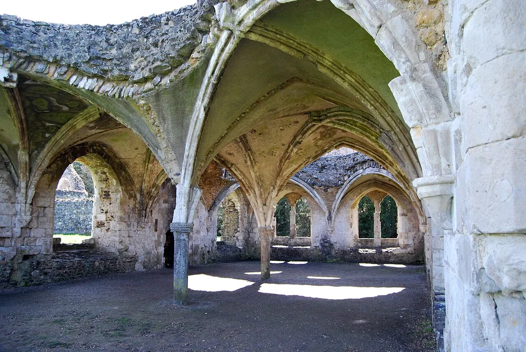 Image of the remains of the undercroft of the lay brothers' refectory at Waverley Abbey, near Farnham in Surrey, England