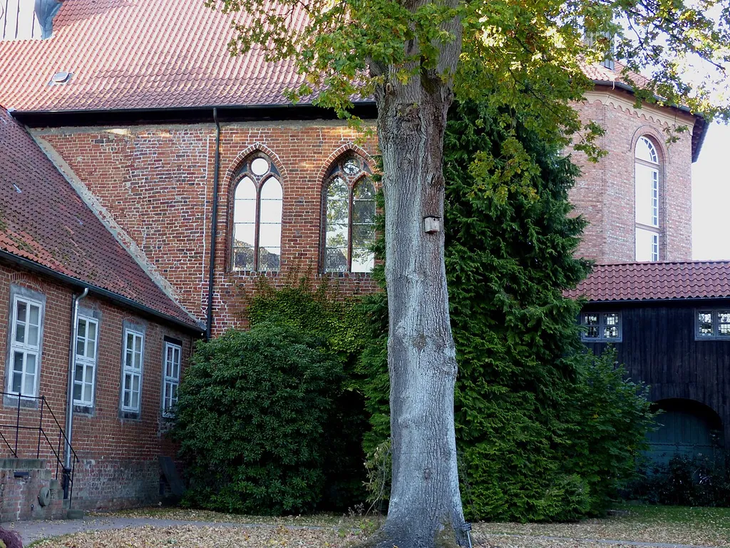 Kloster Walsrode, Klosterkapelle mit zwei gotischen Fenstern aus dem 16. Jh. (nach dem Brand von 1482), dahinter Chor der Stadtkirche (um 1850)