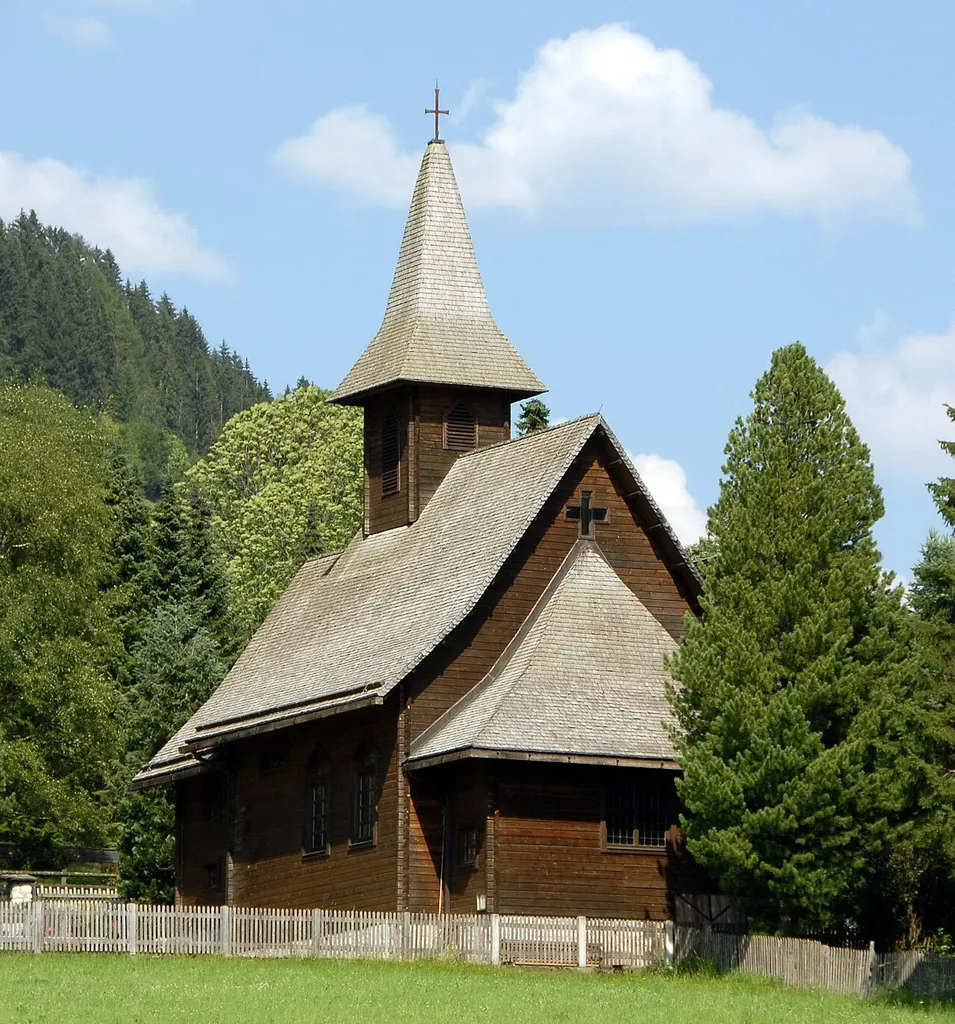 Protestant subsidiary church (planning by Switbert Lobisser) on Dorfstrasse, municipality Bad Kleinkirchheim, district Spittal an der Drau, Carinthia, Austria, EU