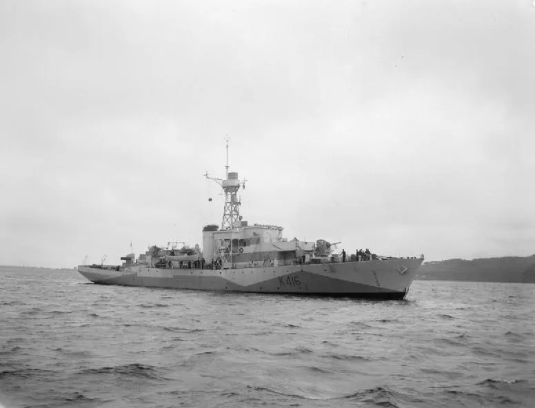 British corvette HMS Hurst Castle (K416) underway in the Firth of Tay on completion.