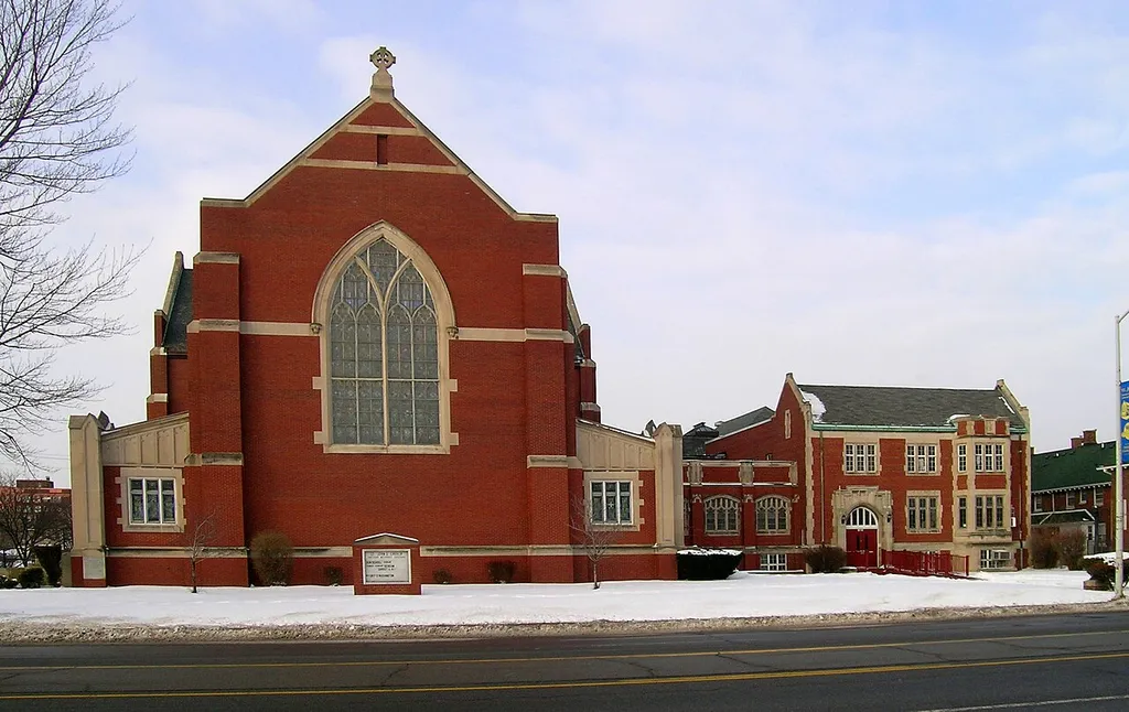The former North Woodward Congregational Church is now St. John's Christian Methodist Episcopal Church in Detroit, MI