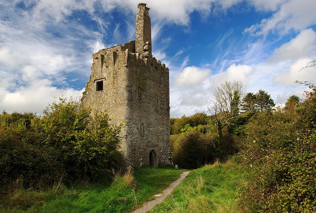 Castles of Munster: Dromore, Clare The castle is easy to find being signposted from the car park of a 400 hectare nature reserve and sited on the edge of a reed fringed inlet of Dromore Lough. The NE wall contains two levels of rooms above an entrance passage and guard room. There is a tall chimneystack at the top with corbels for a bartizan on the east corner. The stack would suggest a date of around 1600 for the castle's construction, confirmed by the inscription over the entrance recording its erection by the third earl of Thomond's second son Teige O'Brien, and his wife Slaney.