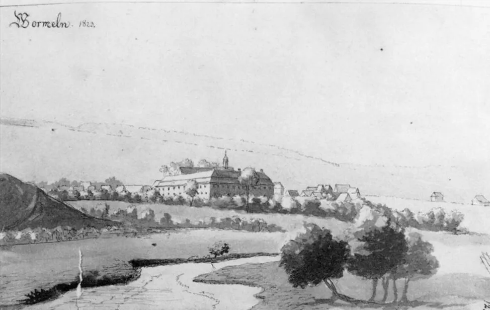 Wormeln nunnery as seen from the north-east side. Following caption is given: Ansicht des Klosters; NordOst, 1823 Feder in Tusche, laviert; F. J. Brand (Westfalia Picta) Westfalia Picta is a project which aims to collect and publish views of Westphalian villages that were created before 1900.