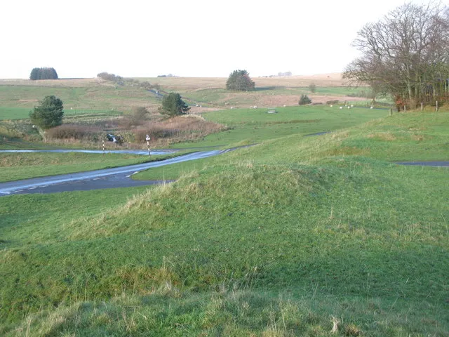 Ramparts of the Roman fort at Bewcastle, near to Bewcastle, Cumbria, Great Britain.