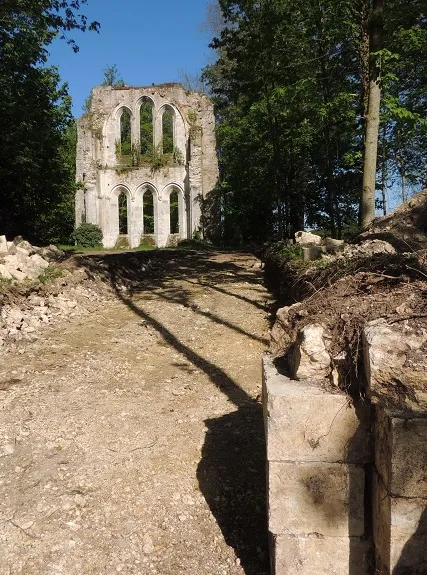 Abbaye de Jouy, mur du chevet de l'église au second plan percé de 6 hautes baies à voutes gothiques réparties sur 2 étages, arbres de part et d'autre et ruines de mur à gauche et grosses pierres de taille régulières au premier plan à droite