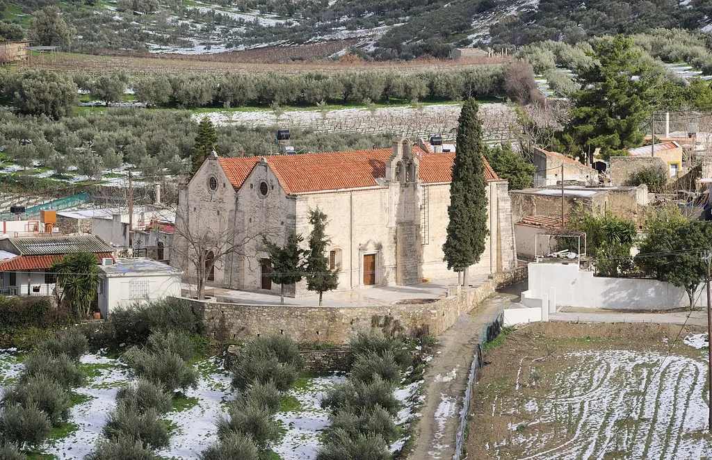 View of the church of Saint George at Pyrgou, few days after the european cold wave of 2017 Ariadne hit Crete.