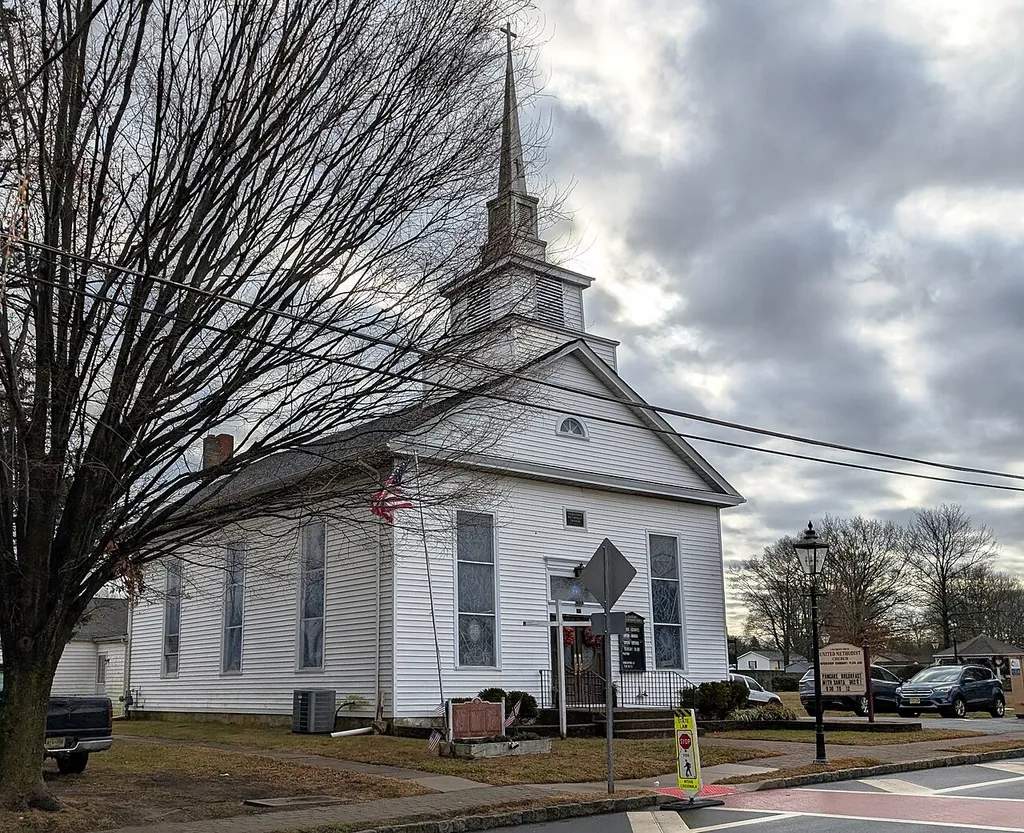 Photo of the Cookstown United Methodist Church in the community of Cookstown within New Hanover Township, New Jersey. Photo taken from County Route 616 (Main Street) looking east-southeast.