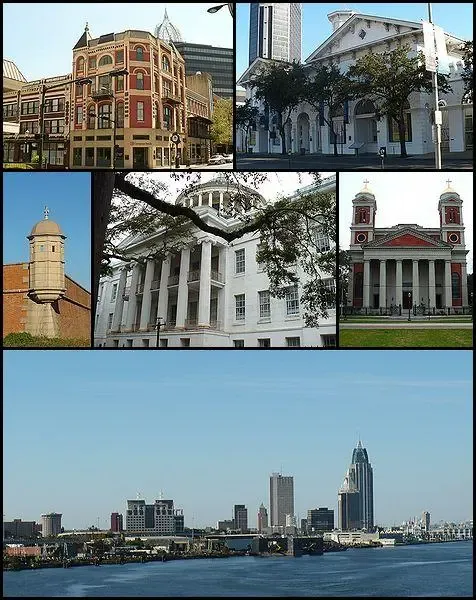 Skyline of Mobile, Alabama, viewed from the west, with downtown buildings along the Mobile River.