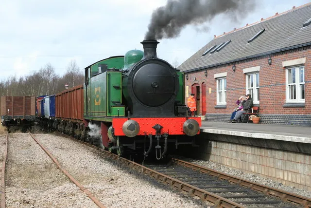 Chasewater Heaths Station - Chasewater Light Railway. Robert Stephenson &amp; Hawthorn 0-6-0T No. 7684 of 1951 at the head of a rake of mineral wagons. The locomotive worked in the power stations at Nechells and is known as Nechells No. 4.