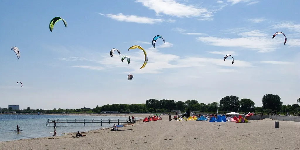 Kite surfers in Amager Beach Park in Copenhagen, Denmark