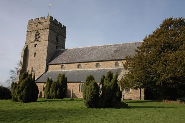 West tower and clerestoried nave of St Michael and All Angels parish church, Kingsland, Herefordshire, seen from the south