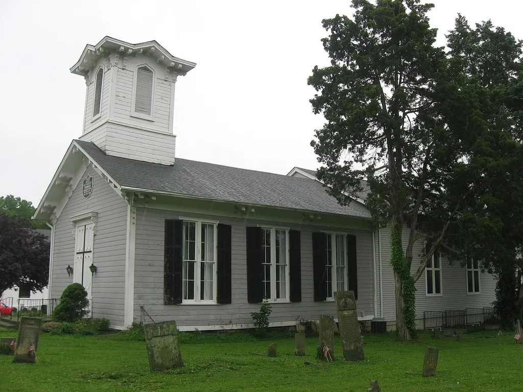 Front and side of Salem Community Church, a United Methodist church located at 6137 Salem Road southeast of Cincinnati in Anderson Township, Hamilton County, Ohio, United States. Built in 1863, it is listed on the National Register of Historic Places along with a related church school and cemetery.