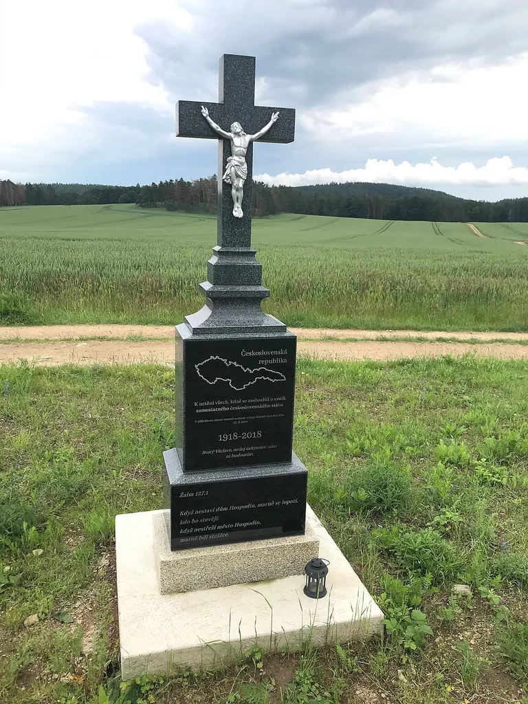 Overview of wayside cross of 100 years of Czechoslovakia in Koněšín, Třebíč District.